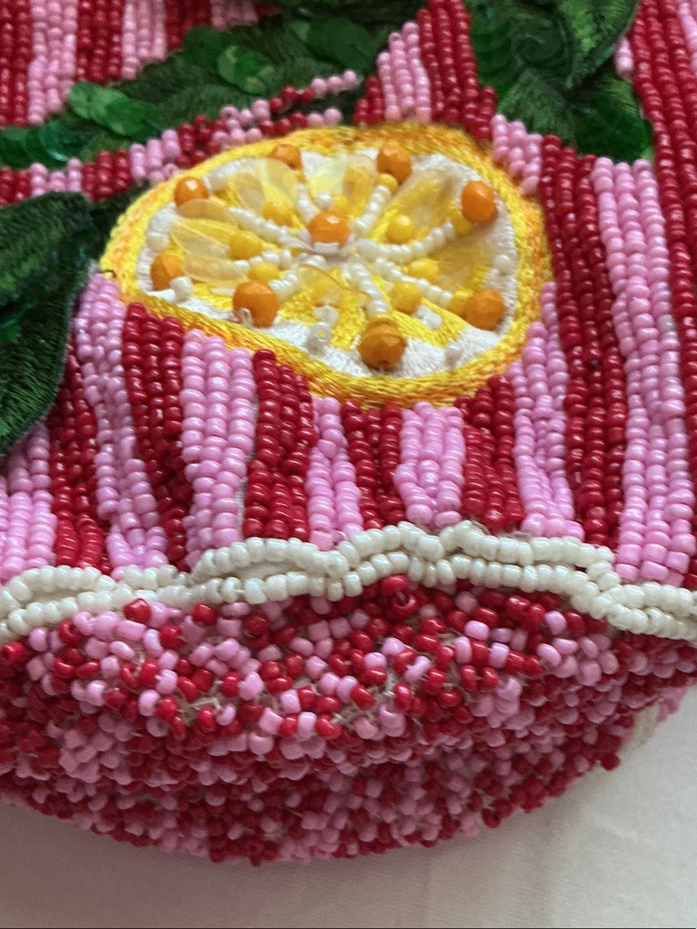 Pink and Red Striped Beaded Lemon Tote Bag - Picture 4 of 8